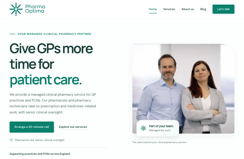 Pharma Optima website showing its clinical pharmacy services and team